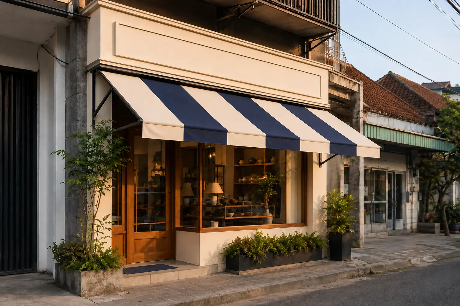 Inspirasi tenda toko premium warna biru navy dan krem